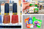collage image of revlon nail polish, bactine ointment, and household essentials including gain, tide, dawn, bounce, and downy