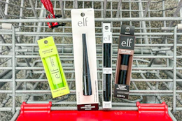 elf lip balm, eyeliner, lip pen, and brow gel in a cart