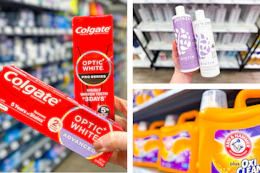 collage with colgate, arm & hammer, purezro
