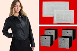 Women's leather jacket, bath mat set & storage cube set