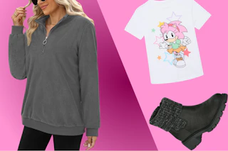 women's sweatshirt, Amy Rose graphic tee, and black boots