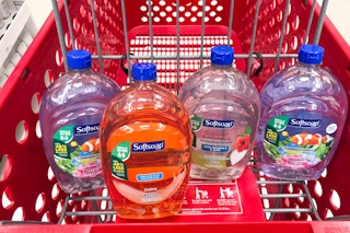 4 softsoap hand soap refills sitting in a target cart