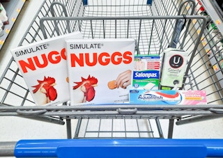 Simulate Nuggs, Salonpas Patches, Aquafresh Toothpaste, and U by Kotex Liners in Walmart shopping cart