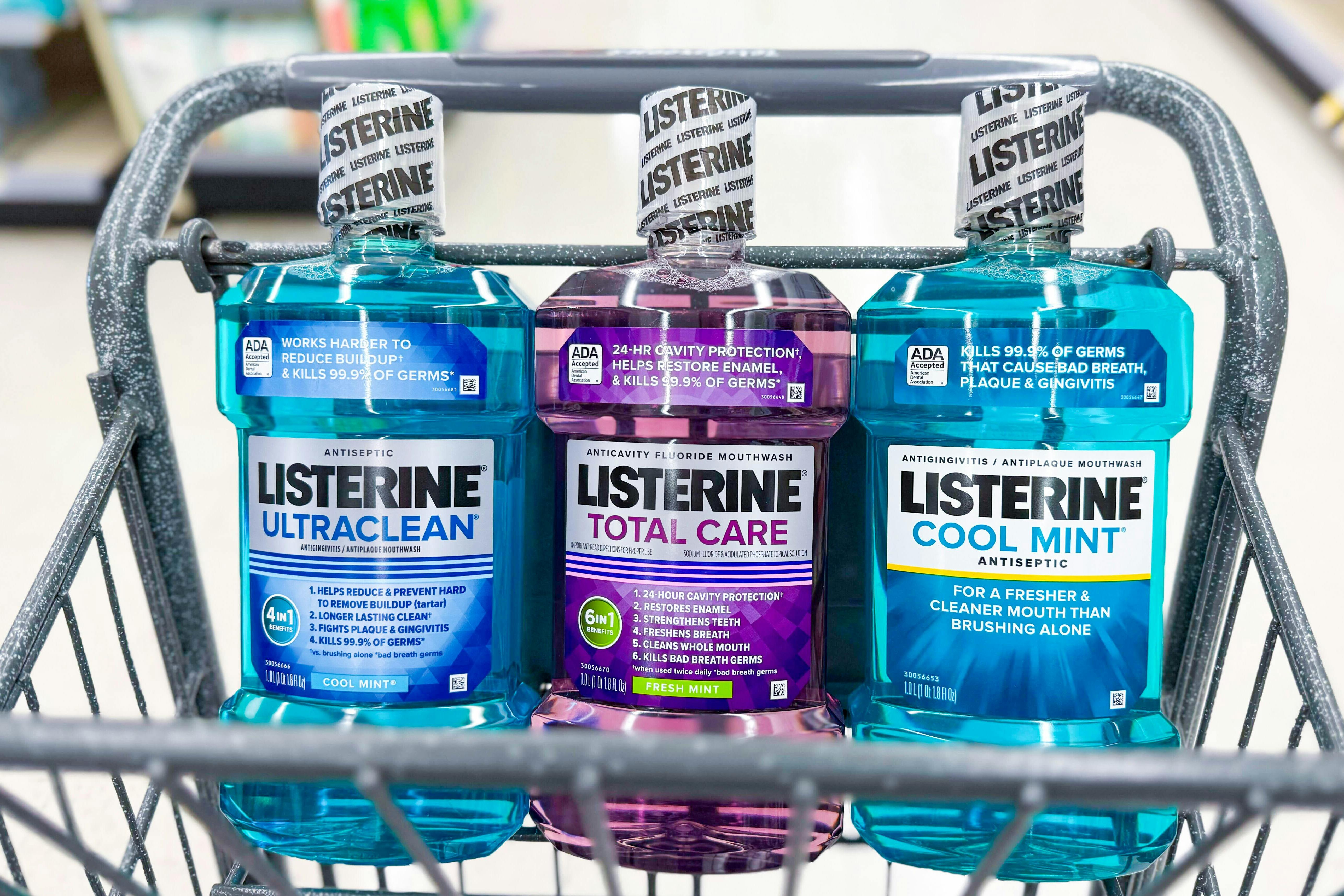 listerine mouthwashes in a walgreens shopping cart