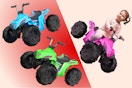 A blue, green & pink Flybar kids ATV ride-on toy