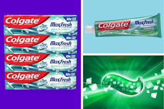 Four boxes of Colgate Max Fresh toothpaste, one tube, a close-up of the flavor crystals