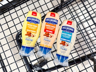 three bottles of hellman's chicken tender dip in meijer cart