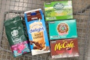 international delight, mccafe, green mountain, donut shop, starbucks coffee in a shopping cart