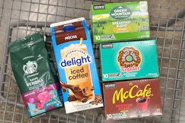international delight, mccafe, green mountain, donut shop, starbucks coffee in a shopping cart