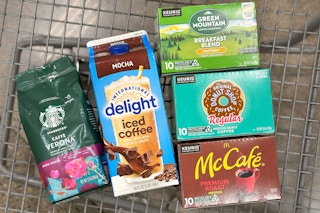international delight, mccafe, green mountain, donut shop, starbucks coffee in a shopping cart