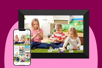 A digital picture frame measuring 10.1 inches with a black frame and Wi-Fi capability and an app and a touchscreen and 1280x800 res