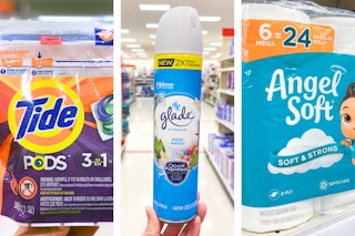 collage with tide, glade, and angel soft products