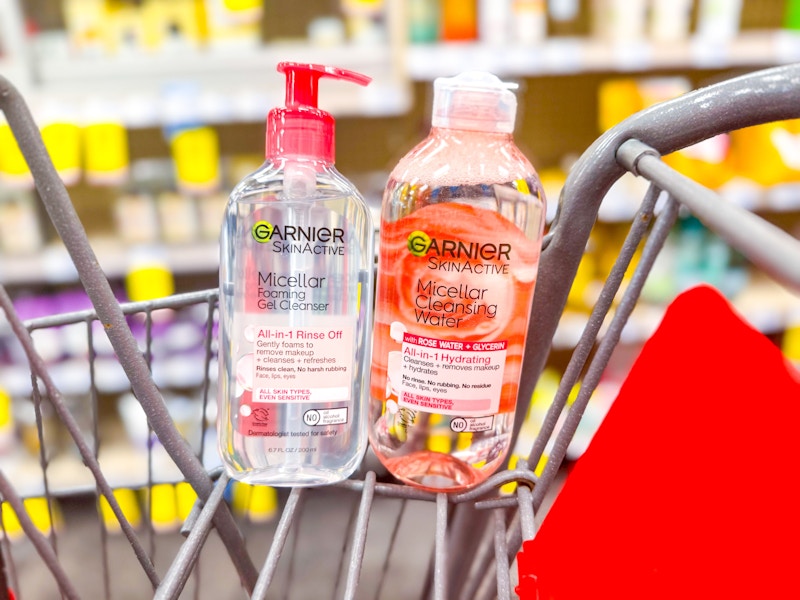 garnier micellar water and cleanser bottles in a cart