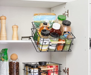 organizer basket pulled down on a shelf