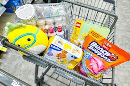 squishmallows, lego, bunch o balloons, and more toys in a cart