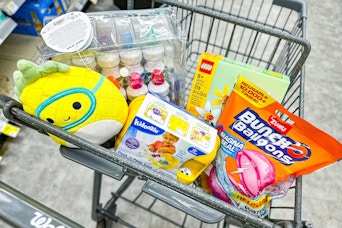 squishmallows, lego, bunch o balloons, and more toys in a cart