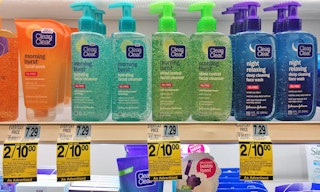 Bottles of Clean & Clear facial cleanser on a store shelf.