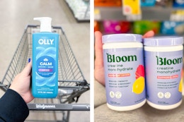 collage with olly body wash and bloom creatine supplements