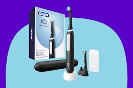 Oral-B iO Deep Clean Rechargeable Electric Powered Toothbrush on a blue background.