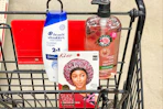family dollar hair care products in a cart sponsored
