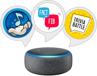 Three icons for Alexa games above an Amazon Echo device