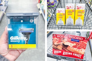 collage image of gillette razor refills, digiorno pizzas, and trash bags