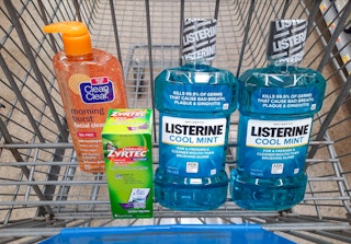 Zyrtec, Listerine, and Clean and Clear products in Walmart shopping cart