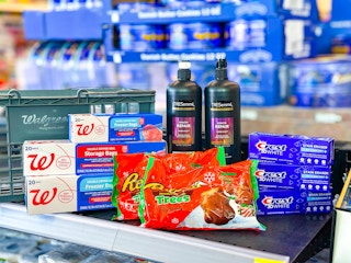 walgreens shopping basket next to tresemme, reeses, crest, and walgreens brand items