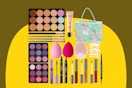 B0F9FTDXJJ makeup kit with three palettes, four brushes, two sponges, three lip colors, and more
