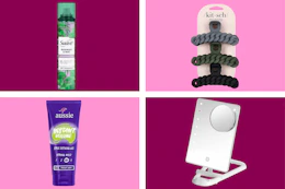 collage with suave dry shampoo, aussie hair gel, kitsch claw clips, and conair lighted mirror