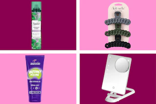 collage with suave dry shampoo, aussie hair gel, kitsch claw clips, and conair lighted mirror