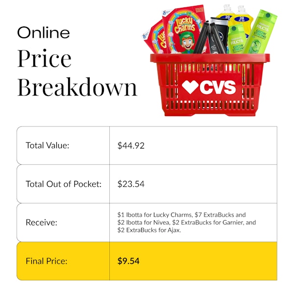 CVS shopping cart with cereal, shampoo, dish soap