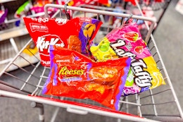 kit kat, reeses, and laffy taffy candy bags in a cart