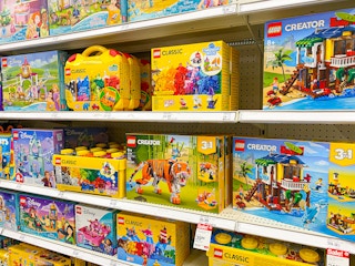 LEGO toys stocked on some shelves in the LEGO toy aisle at Target.