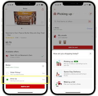 A graphic of two phones displaying the steps for choosing the Drive Up option in the Target mobile app.