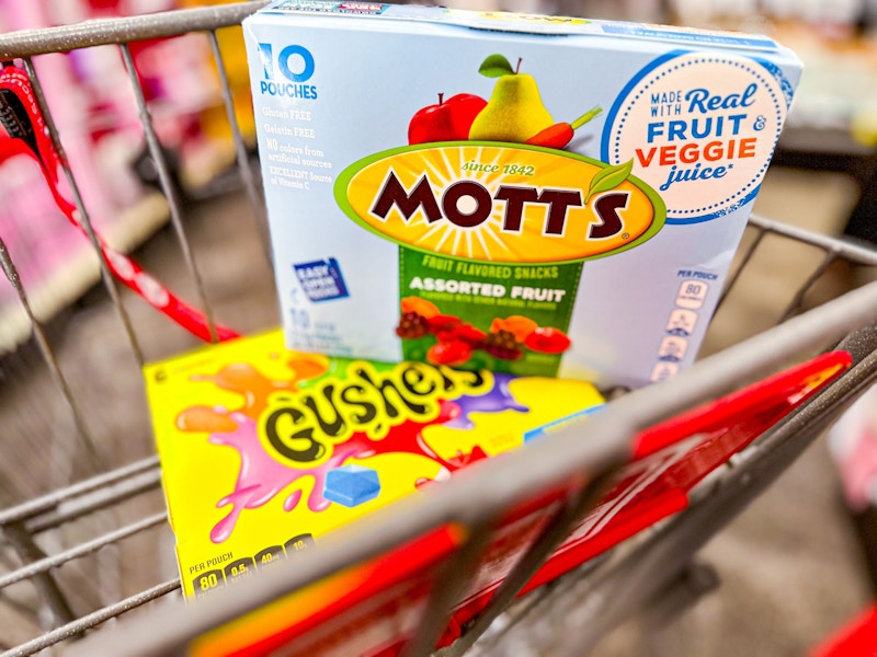 gushers and fruit snacks in a cart