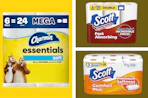 toilet paper and paper towel packs in a collage