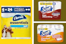 toilet paper and paper towel packs in a collage
