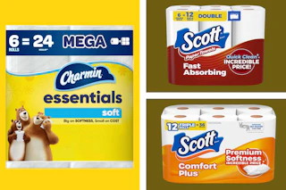toilet paper and paper towel packs in a collage