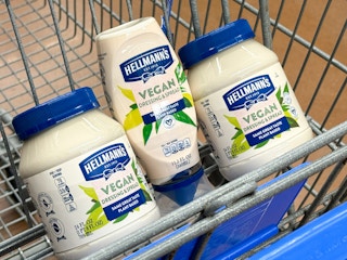 hellmanns vegan dressing and spread in a walmart cart