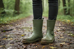 lifestyle image of a person wearing green rain boots outside on a trail