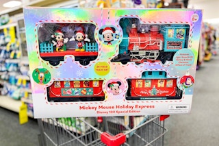 Mickey Mouse Holiday Express Train Set on top of CVS cart