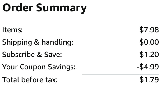 an amazon order summary ending in $1.79