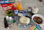 Supplies on a countertop to make April fool's day pranks
