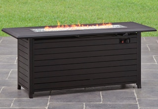 a brown slatted fire pit table turned on