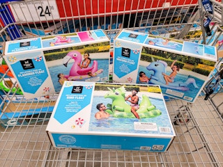 ride-on pool floats in a cart