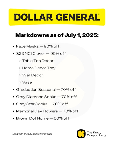 Graphic with Dollar General Markdown List for July 1 2025