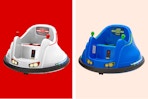 A white and blue Flybar bumper car for kids