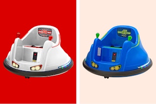A white and blue Flybar bumper car for kids