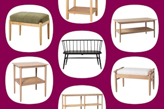 Magnolia x Threshold furniture pieces in a maroon collage